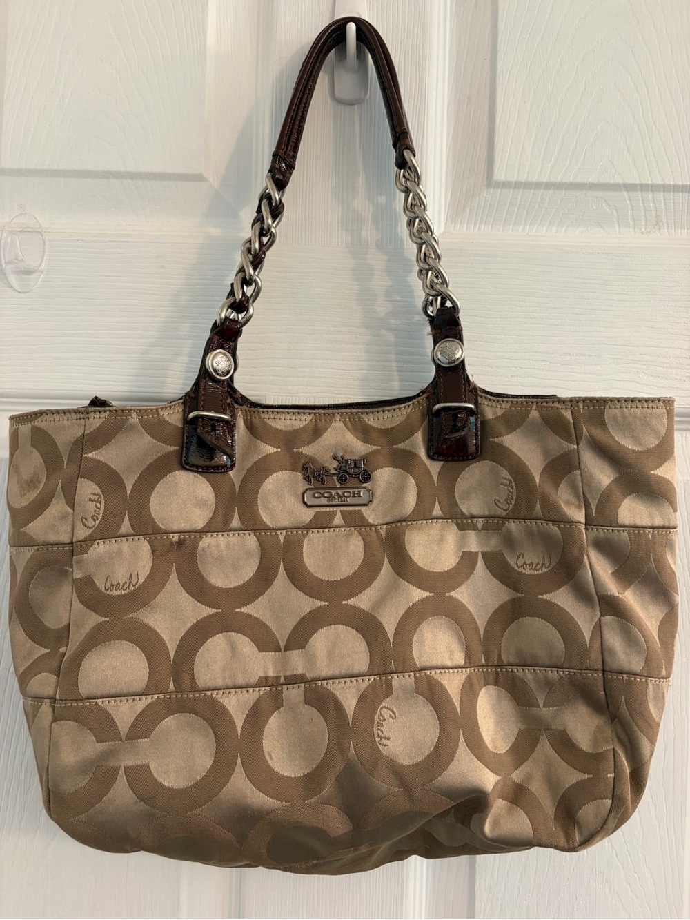 COACH Tan and Brown Signature Chain-Handle Tote
